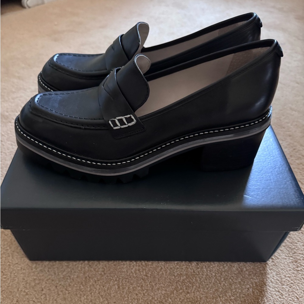 Bernardo Black Leather Chunky Heel Penny Loafers